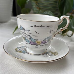 Vintage Bermuda Islands Teacup and Saucer - White and Gold.